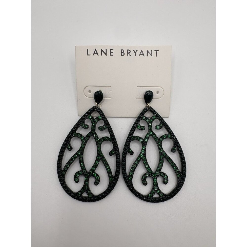 NWT Lane Bryant Filigree Green Pave Crystal Drop Earrings Statement Large